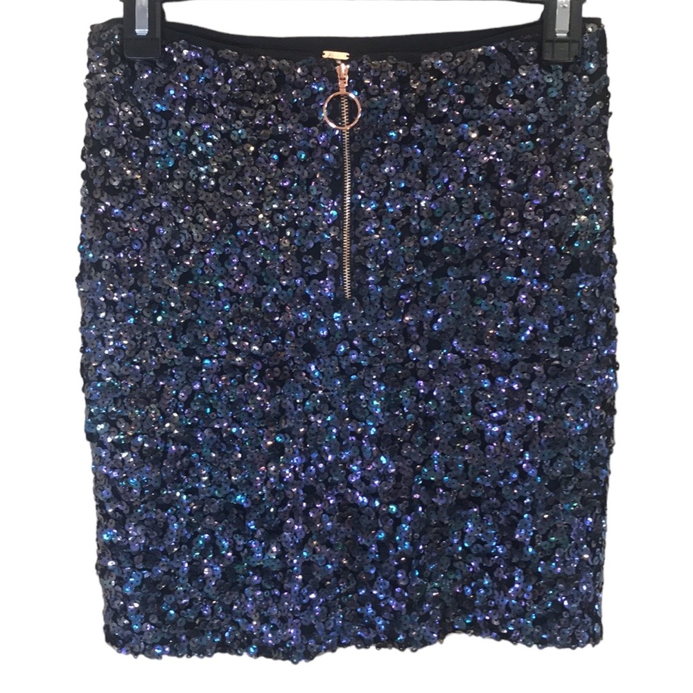 Free People Sequins Black Mini Skirt Rainbow Sequins Front Circle Zipper Sz 2